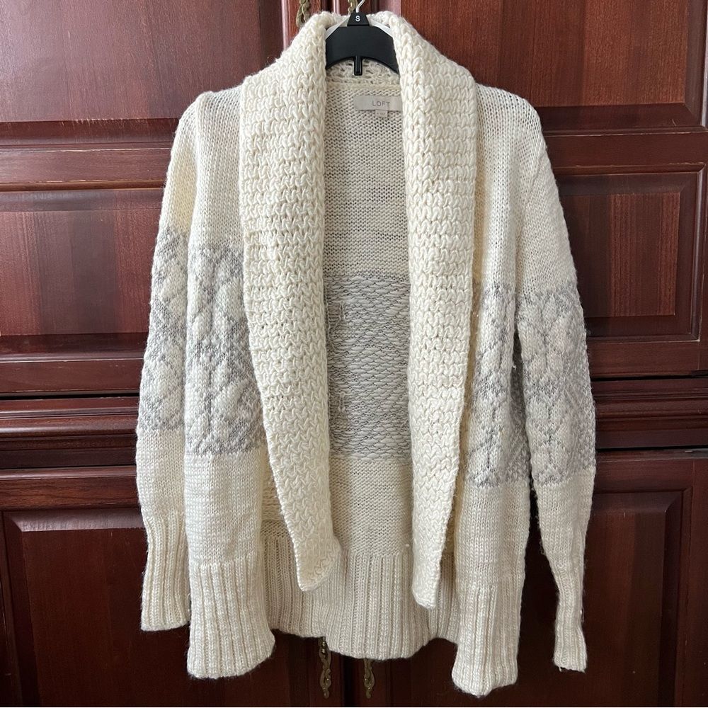 Ann Taylor LOFT Off-White & Silver Chunky Wool Open Front Cardigan Sweater M